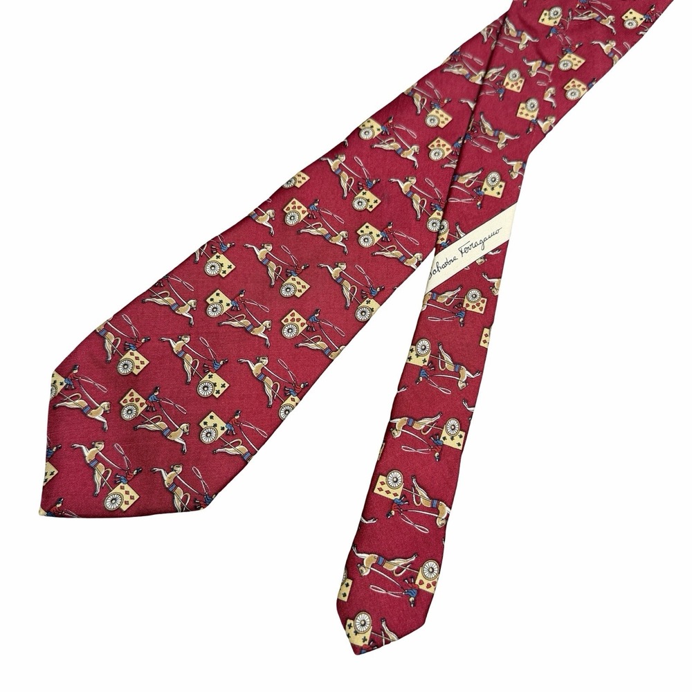 Salvatore Ferragamo 100% Silk Tie Red Horse Carriage Equestrian Made Italy 57"